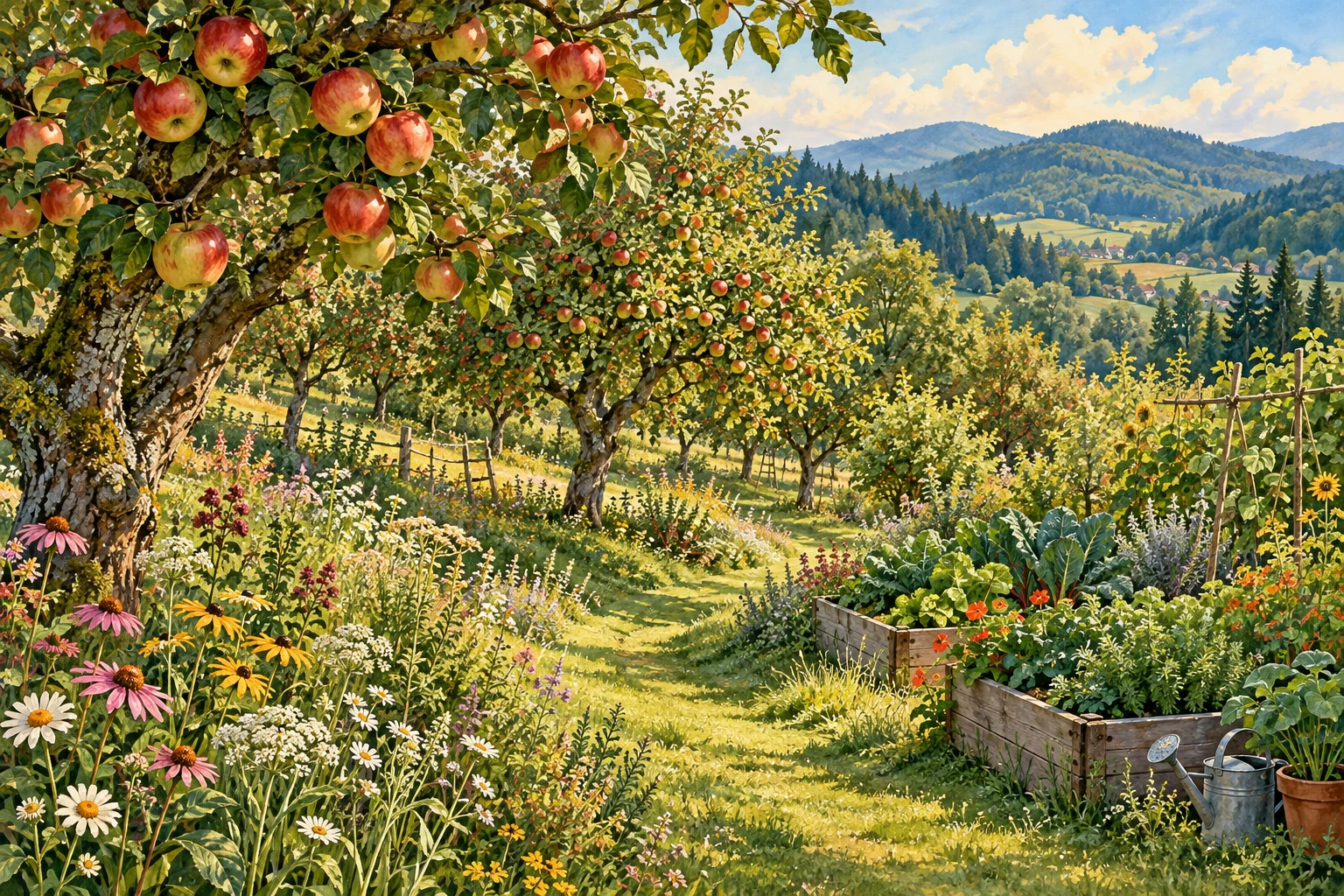 Illustration einer Obstwiese mit Apfelbäumen, Blumen und Hochbeeten.